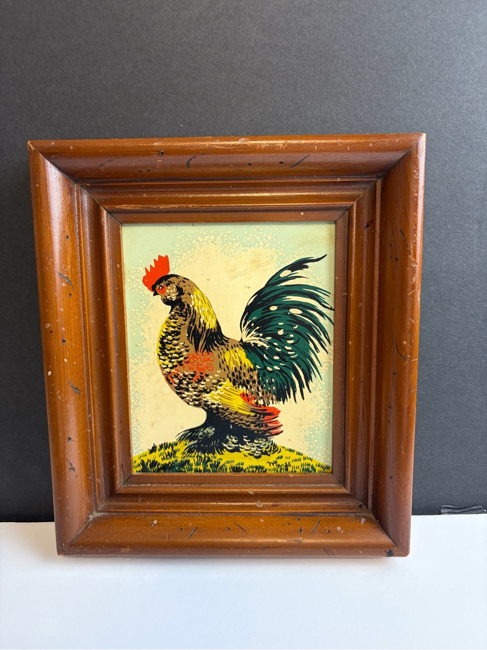 Framed Rooster Wall Art Print in Brown Frame